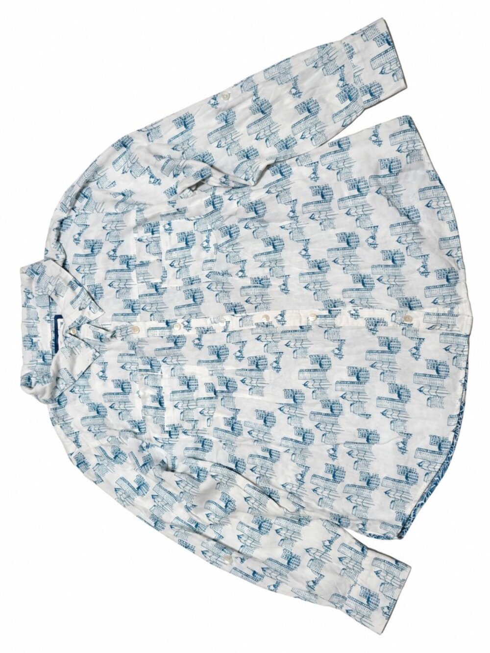 Style & Co Petite Women's Shirt PL Blue White Cityscape Mixed Print Button Down